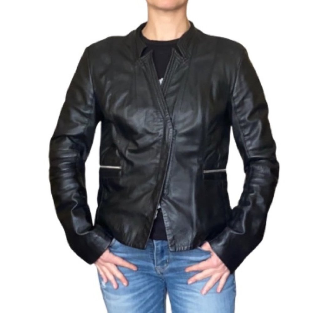 Laundry black genuine leather moto biker jacket size M